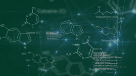 Animation-of-scientific-data-processing-over-connections-on-green-background