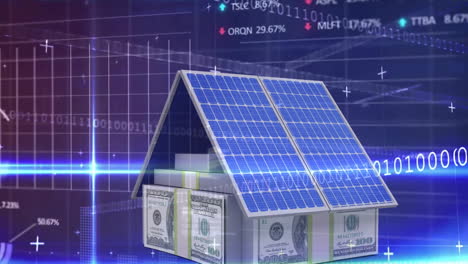 Animation-of-financial-data-processing-over-house-with-solar-panels