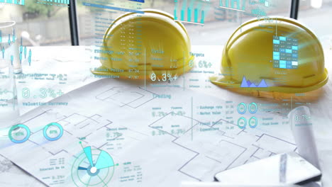 Animation-of-statistics-and-data-processing-over-yellow-hard-hats-and-plans-on-desk-in-office