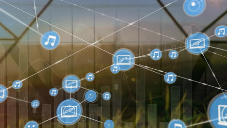 Animation-of-network-of-connections-with-icons-and-data-processing-over-electric-pylons