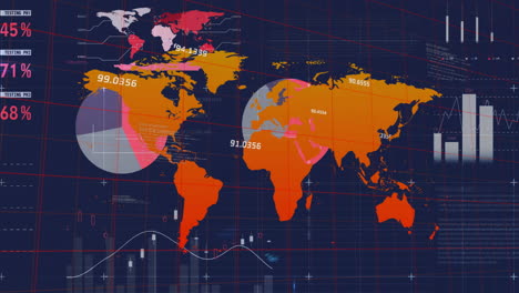 Animación-Del-Mapa-Mundial,-Gráficos-Y-Procesamiento-De-Datos-Sobre-Fondo-Negro