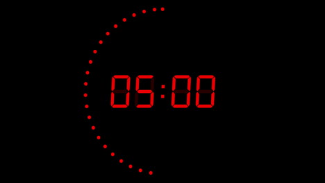 Animation-of-red-digital-timer-changing-with-dots-in-circle-on-black-background