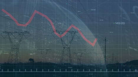 Animation-of-electric-pylons,-globe-and-financial-data-processing