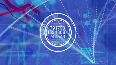 Animation-of-data-processing-and-dna-strand-over-test-tubes-in-lab