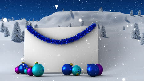 Animation-of-snow-falling-over-white-card-with-copy-space-and-christmas-decorations