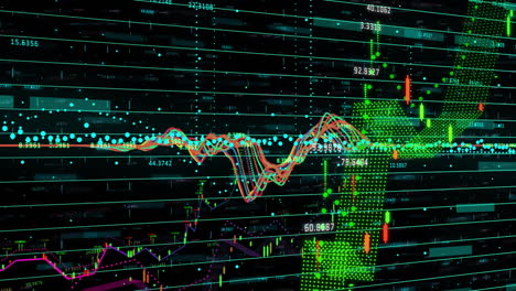 Animation-Der-Finanzdatenverarbeitung-über-Raster-Auf-Dunklem-Hintergrund