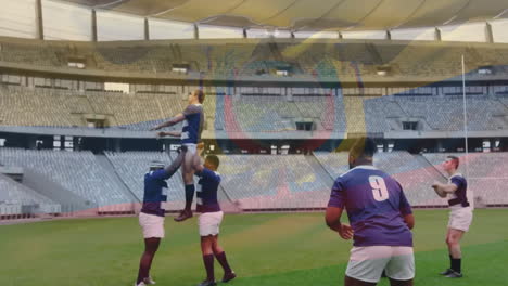 Animación-De-La-Bandera-De-Ecuador-Sobre-Diversos-Jugadores-De-Rugby-Masculinos-Jugando-En-El-Estadio