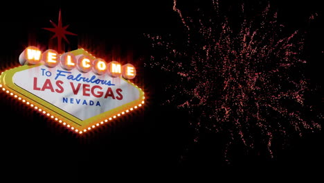 Animation-Von-„Willkommen-In-Las-Vegas“,-Neonschild-Und-Feuerwerk-Auf-Schwarzem-Hintergrund