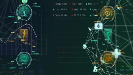 Animation-of-network-of-connections-with-icons-over-data-processing-on-black-background