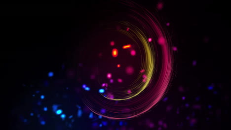 Animation-of-colourful-light-trails-and-spots-forming-circles-on-black-background