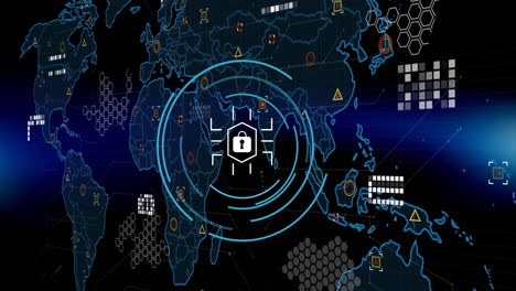 Animación-Del-Icono-De-Candado-Y-Procesamiento-De-Datos-Informáticos-Sobre-Fondo-Oscuro.