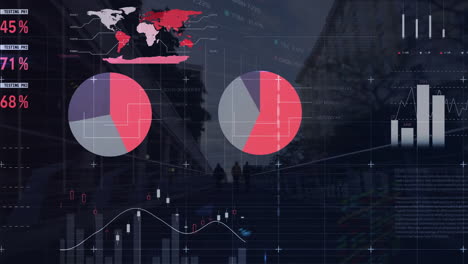 Animación-De-Diagramas,-Procesamiento-De-Datos,-Mercado-De-Valores-Y-Mapa-Mundial-Sobre-Personas-Caminando