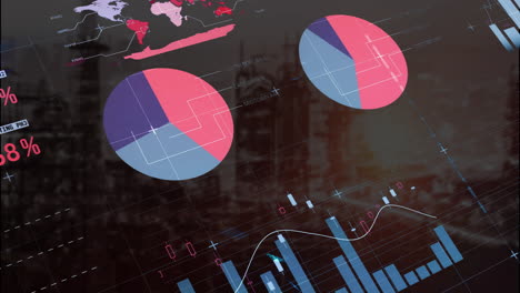 Animation-Einer-Mehrfarbigen-Infografik-Oberfläche-über-Modernen-Gebäuden-Vor-Dem-Himmel