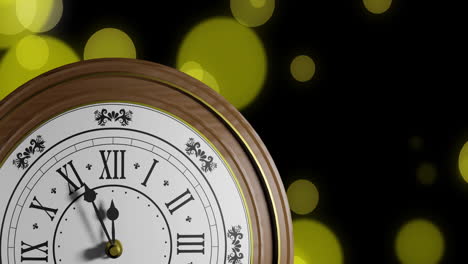 Animation-of-retro-clock-ticking-showing-midnight-with-spots-of-light-on-black-background