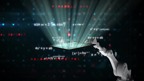 Animation-of-scientific-data-processing-over-robot's-arm-on-dark-background