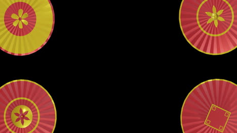 Animation-of-chinese-red-and-gold-pattern-with-copy-space-on-black-background