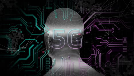 Animation-Von-5G-Text,-Menschlichem-Kopf-Und-Datenverarbeitung-Auf-Dunklem-Hintergrund