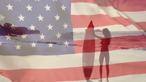 Animación-De-La-Bandera-De-Estados-Unidos-Sobre-Una-Mujer-Caucásica-En-La-Playa-En-Verano.