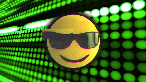 Animación-Del-ícono-Emoji-Sonriente-Con-Gafas-De-Sol-Sobre-Luces-De-Neón-Brillantes-Sobre-Fondo-Oscuro