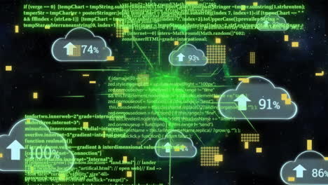 Animation-of-clouds-with-percent-and-data-processing-on-black-background