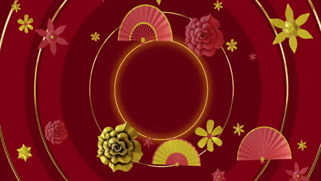 Animation-of-chinese-pattern-with-copy-space-on-red-background