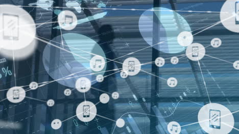 Animation-of-network-of-connections-with-icons-and-data-processing-over-electric-pylons