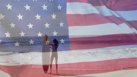 Animation-of-flag-of-usa-over-caucasian-woman-on-beach-in-summer