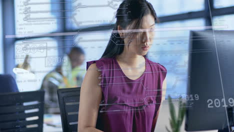 Animation-of-financial-data-processing-over-asian-businesswoman-working-in-office