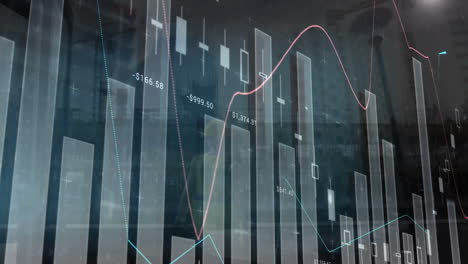 Animation-Mehrerer-Diagramme-Mit-Wechselnden-Zahlen-über-Modernen-Gebäuden-Vor-Dem-Himmel