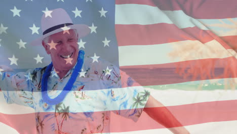 Animation-of-flag-of-usa-over-caucasian-senior-man-on-beach-in-summer