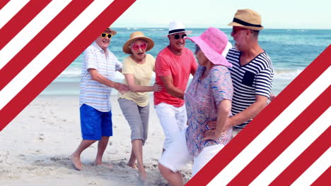 Animation-of-flag-of-usa-over-diverse-senior-friends-on-beach-in-summer