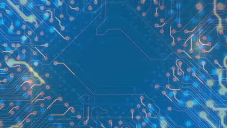 Animación-Del-Procesamiento-De-Datos-Sobre-Placa-De-Circuito-Sobre-Fondo-Azul