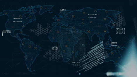 Animation-of-data-processing-over-diagrams-and-world-map-on-black-background