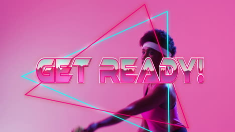 Animation-Des-Textes-„Get-Ready“,-Neonmuster,-Afroamerikanische-Tennisspielerin