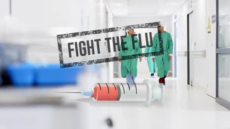 Animation-Des-Kampf-Gegen-Die-Grippe-Text-Und-Spritze-über-Verschiedene-Chirurgen-Im-Krankenhaus