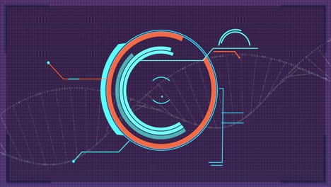 Animation-of-scope-scanning-and-data-processing-over-purple-grid-and-dna-chain