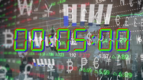 Animación-De-Diagramas,-Símbolos-De-Moneda-Y-Mercado-De-Valores-Con-Cuenta-Regresiva-Sobre-El-Paisaje-Urbano