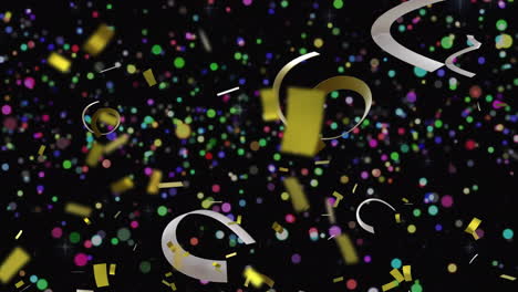 Animation-of-party-streamers-and-confetti-on-black-background