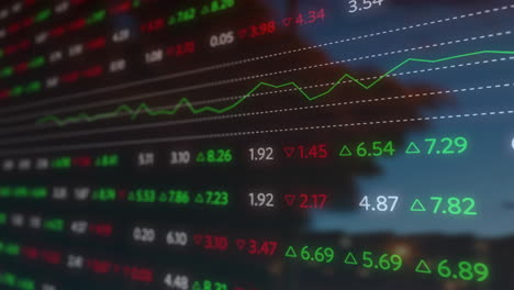 Animation-of-data-processing,-diagrams-and-stock-market-over-cityscape