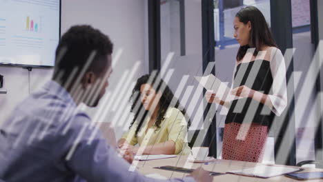 Animation-of-moving-columns-over-diverse-colleagues-having-meeting-in-office