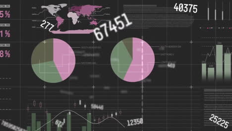 Animation-of-processing-data-over-charts-and-graphs-on-black-background