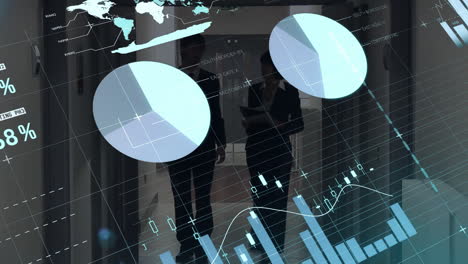 Animación-Del-Procesamiento-De-Datos,-Mercado-De-Valores-Y-Mapa-Mundial-Sobre-Empresarios-Caucásicos-Caminando