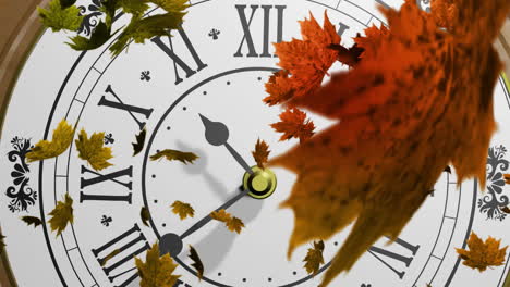 Animation-Von-Herbstblättern-über-Einer-Sich-Bewegenden-Uhr