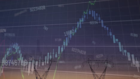 Animation-of-financial-data-processing-over-electric-pylons-in-countryside