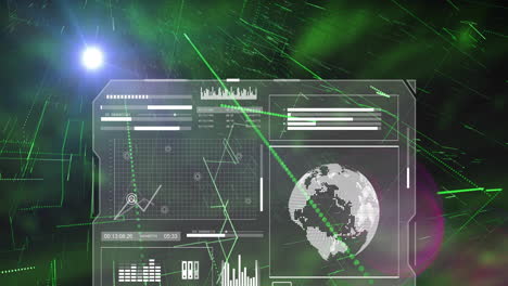 Animation-of-graphs,-globes,-loading-bars-and-circles-with-lens-flare-over-abstract-background