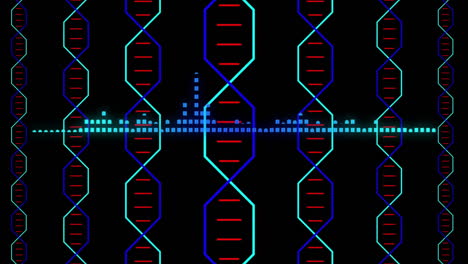 Animation-of-soundwave-and-illustrative-dna-helixes-against-black-background