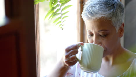 Reflexiva-Mujer-Birracial-Mayor-Bebiendo-Té-En-La-Ventana-De-Casa,-Cámara-Lenta