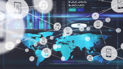 Animación-De-Red-De-Conexiones-Con-íconos-Y-Procesamiento-De-Datos-Financieros-Sobre-El-Mapa-Mundial