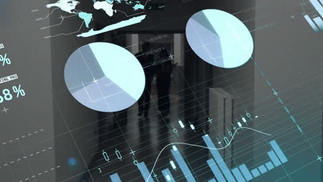 Animación-Del-Procesamiento-De-Datos,-Mercado-De-Valores-Y-Mapa-Mundial-Sobre-Empresarios-Caucásicos-Caminando