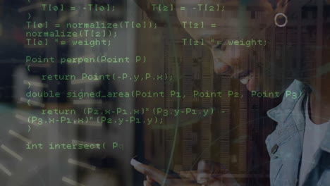 Animation-Der-Datenverarbeitung-Und-Formen-über-Einer-Frau-Mit-Gemischter-Abstammung,-Die-Ein-Smartphone-Verwendet